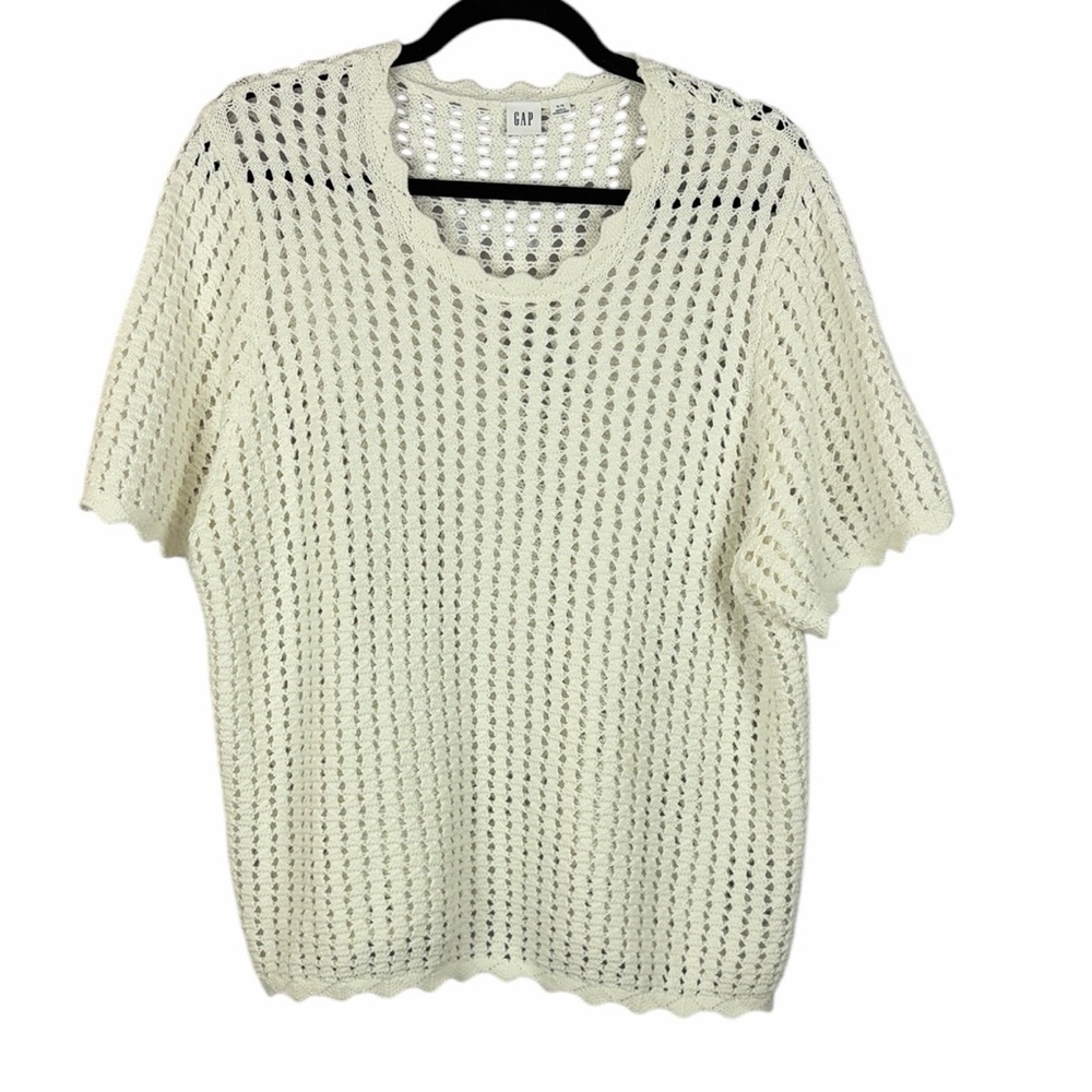 GAP Open Knit Short Sleeve Sweater Cream Scalloped Edge XL Classic Coastal